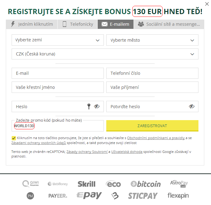Registrační formulář Česká Republika