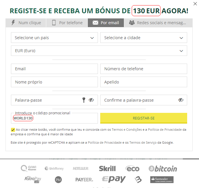 Formulário de registro Portugal